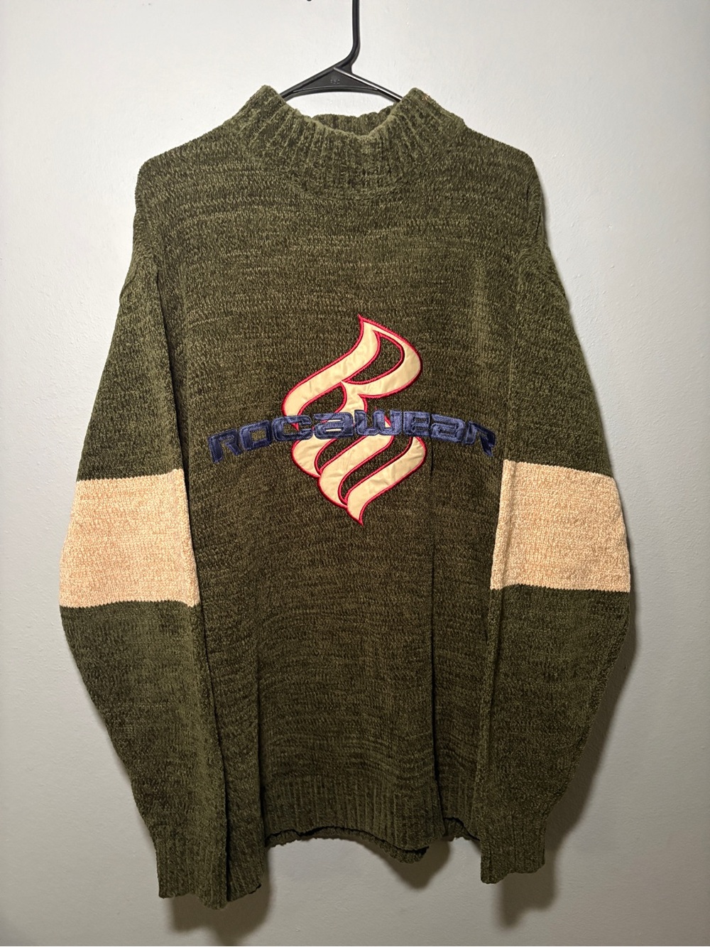 Rocawear Olive Green Knit Turtleneck with Cream Sleeve Panels and Red Logo